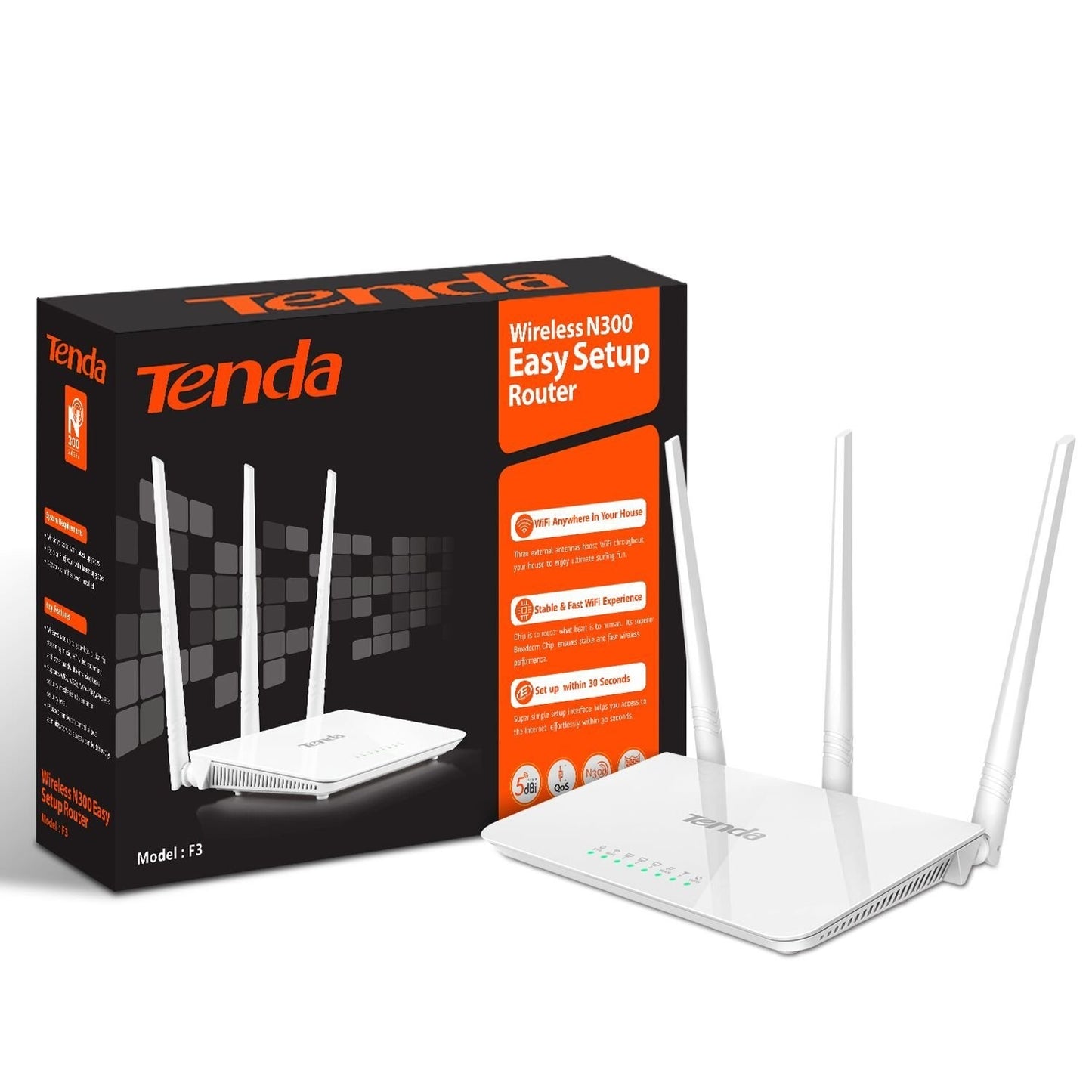 Tenda F3 Wifi Extender (New Box Packed) - Tenda Wifi Router -Tenda F3 300Mbps 3 Antenna Wireless Router - Works Wirelessly and wired