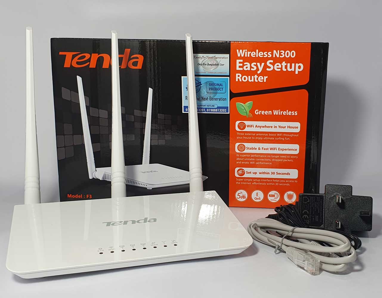 Tenda F3 Wifi Extender (New Box Packed) - Tenda Wifi Router -Tenda F3 300Mbps 3 Antenna Wireless Router - Works Wirelessly and wired